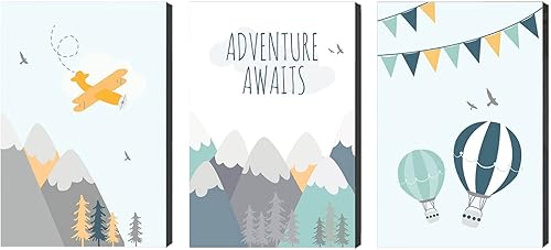 3 piezas de arte de pared de vivero, pintura en lienzo, cita de aventura nórdica, caricatura, avión, mural, mural, impresión, niño, bebé, para