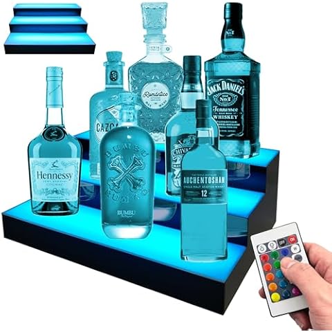 Royxen LED Lighted Liquor Bottle Shelf 3 Tier, 16 Inch Bar Shelf with Remote, Bottle Stand Multi-Color Lighting Modes for Bars Cover