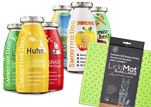 SmoothieDog 6er Probierset +Lickimat Buddy L grün 30,5x25,5cm Hundesmoothie 1xLamm-1xRind-1xHuhn-1xTrinkpause-1xImmunio-1xGemüsebeet je 250ml Hundesmoothie