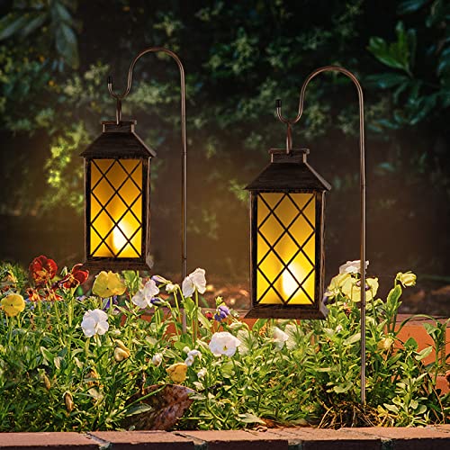 2Pack Solar Metal Hanging Lantern Flickering Flameless Candle With Shepherd Hook Outdoor Garden Lights For Table,Pathway,Party Decoration #TOP6