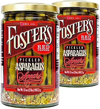 Foster's Pickled Asparagus- Red Pepper- 32oz (2 Pack) - Pickled Asparagus Spears in a Jar- Traditional Pickled Recipe -Gluten Free - Fat Free Pickled Asparagus Spicy - Preservative Free Fresh Pickles