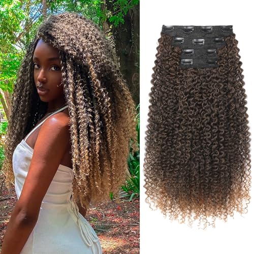 FLUFYMOOZ Extensiones de cabello con clip, 20 pulgadas, 4 unidades, 100 % seda de proteína pura, para mujeres negras y blancas, extensiones de pelo largo y suave rizado, postizo de pelo largo (marrón