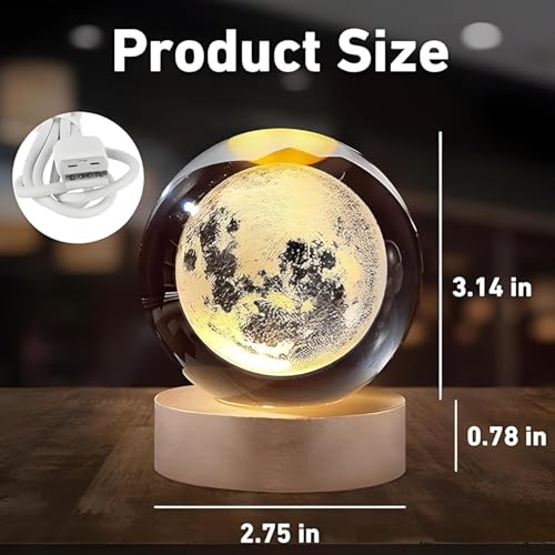 Image of One94Store 3D Crystal Moon Lamp - Engraved Crystal Ball LED Night Light with Wooden Base, USB Powered, Ideal for Home & Office Decor, Birthday Gift for Adults (Pack of 2, Warm White)