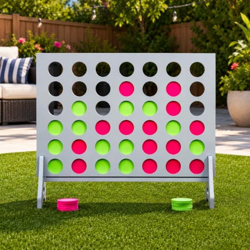 Image of Giant 4 in a Row Game for Family & Adults - Tailgating Pros Jumbo Grey Wooden Four in a Row Indoor & Outdoor Yard Game for Family Party Fun, Portable Activities for Patio, Backyard, and Camping