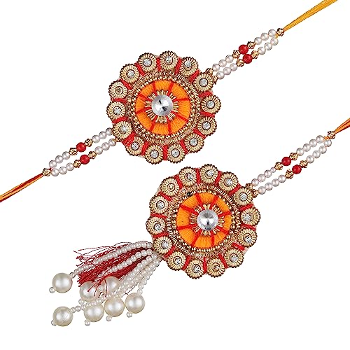Image of eCraftIndia Pearls Designer Bhaiya Bhabhi Rakhi Set with Roli Chawal Pack | Rakhis for Brother Bhaiya Bhai