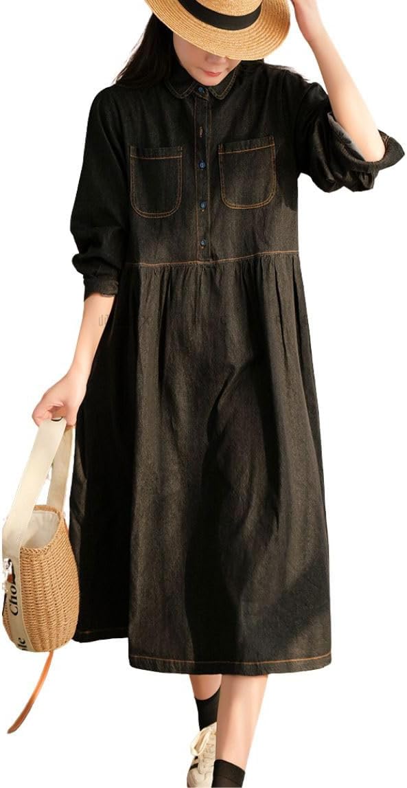 chouyatou Women's Long Sleeve Jean Shirt Dress Loose Button Down Polo Collar Midi Denim Dress with Pockets
