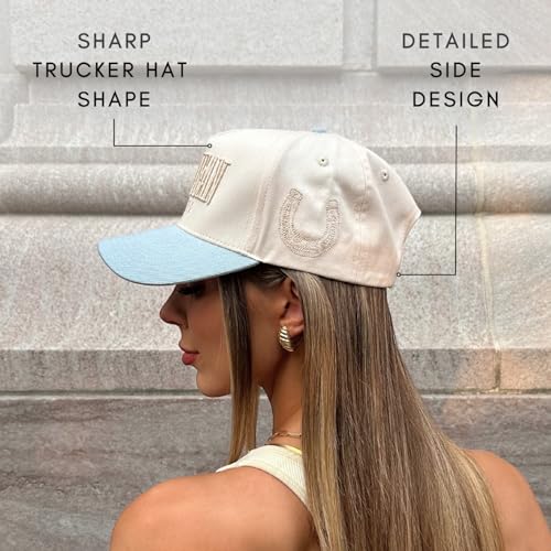Image of Vintage Western Trucker Hat | Men & Women | Country Cute Caps for Cowgirls Cowboys | Camo Denim Embroidered Cotton | Snapback