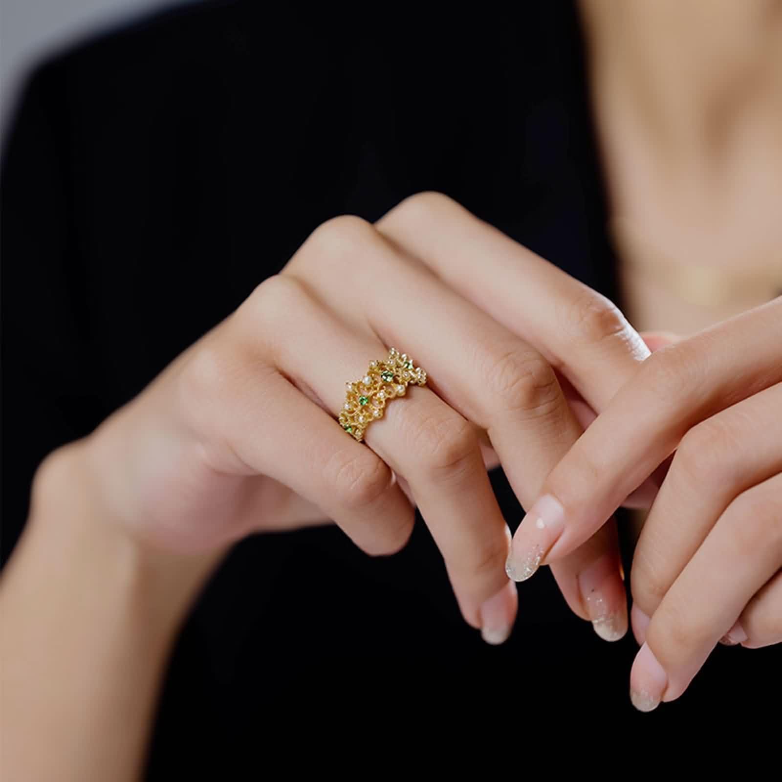 Anelli Fidanzamento Donna, Anello in Oro Giallo da Donna Fiore Cavo con tsavorite e Perle