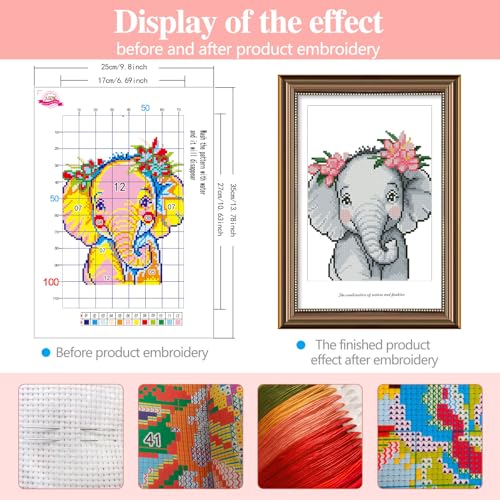 Image of Zhenqing Animal Cross Stitch Kit - Elephant Design, 11 Count, 9.8x13.8 Inch, Stamped Pre-Printed Pattern, DIY Beginner Embroidery Kit for Home Decor & Gifts (67516)