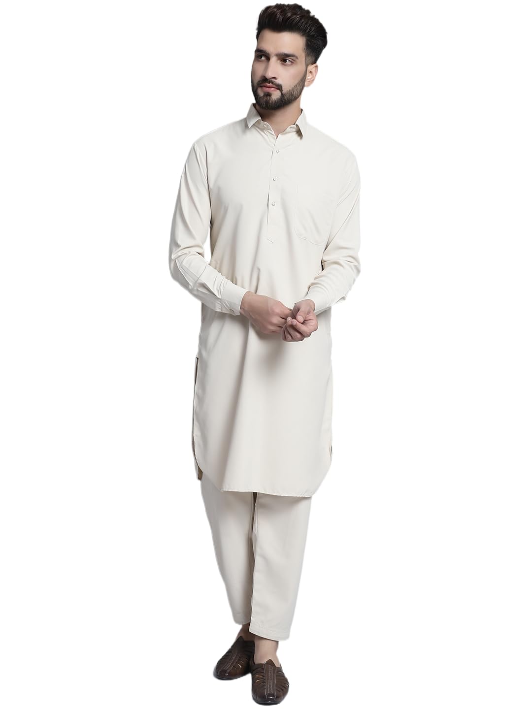 Jompers Men's Cotton Solid Pathani Kurta With Salwar (Cream, M)
