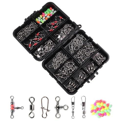 NUZAMAS Set of 140 Fishing Swivels Tackle Kit Fishing Tackle set Lure Fishing Small Accessories Swivel Connector Sea Fishing Set Box for Bass Trout Freshwater Saltwater
