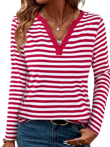 LilyCoco Womens Striped Tshirt Long Sleeve V Neck T Shirts Color Block Tops