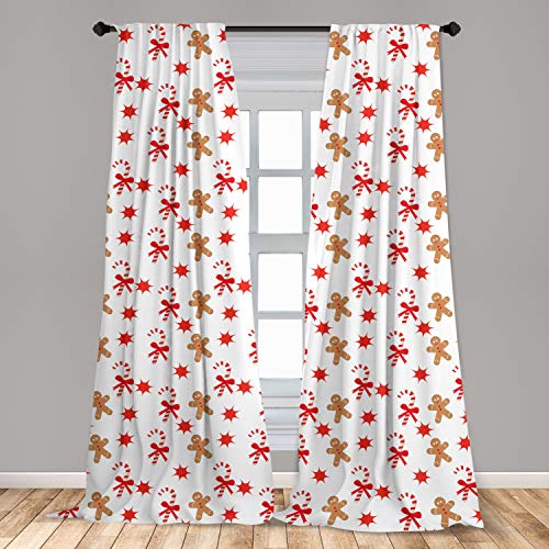 Ambesonne Gingerbread Man Curtains, Candy Cane Bowties Red Star Christmas Cookie Pattern, Window Treatments 2 Panel Set For Living Room Bedroom, Pair Of - 28" X 84", Brown Orange #TOP26