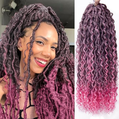 Goddess Locs Crochet Hair 18Inch Faux Locs Crochet Hair Curly Ends Pre-looped River Hippie Locs Bohemian Locs Crochet Braids for Black Women(1B/Pink, 18inch)