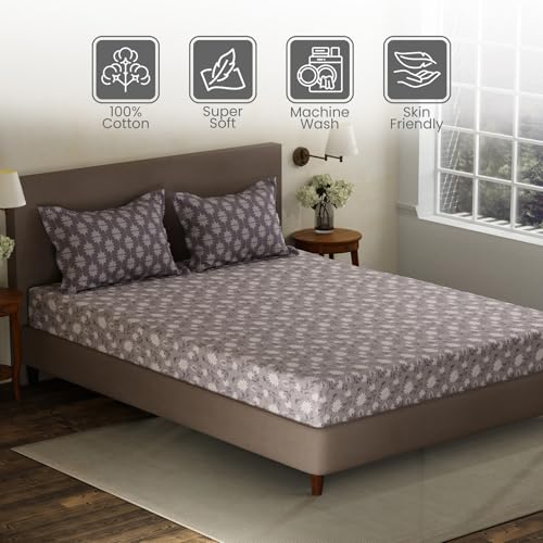 Image of Layers 100% Cotton Double Size Bedsheet Set | Grey Floral Print | 120 TC Forever Collection | Soft & Breathable | Washable Bedsheet with 2 Pillow Covers | All Season