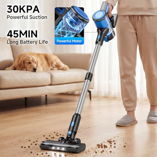 Image of BSNAW Lightweight Cordless Stick Vacuum Cleaner with Battery - 45 Min Runtime, 8-in-1 Handheld for Pet Hair, Hard Floors & Carpets, Powerful Suction, Blue&Black