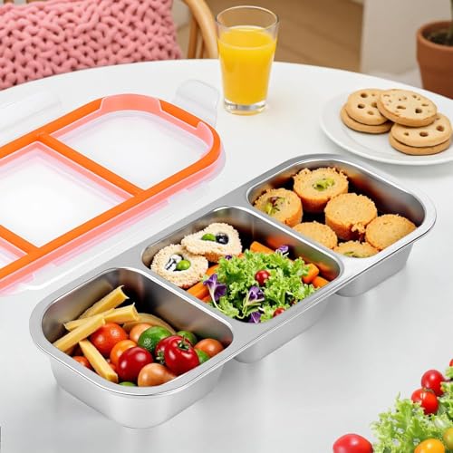 Image of Stainless Steel 3-Compartment Lunch Box with Leakproof Lid | Bento Snack Container with Airtight Silicone Seal | Portable Food Storage for Kids & Adults