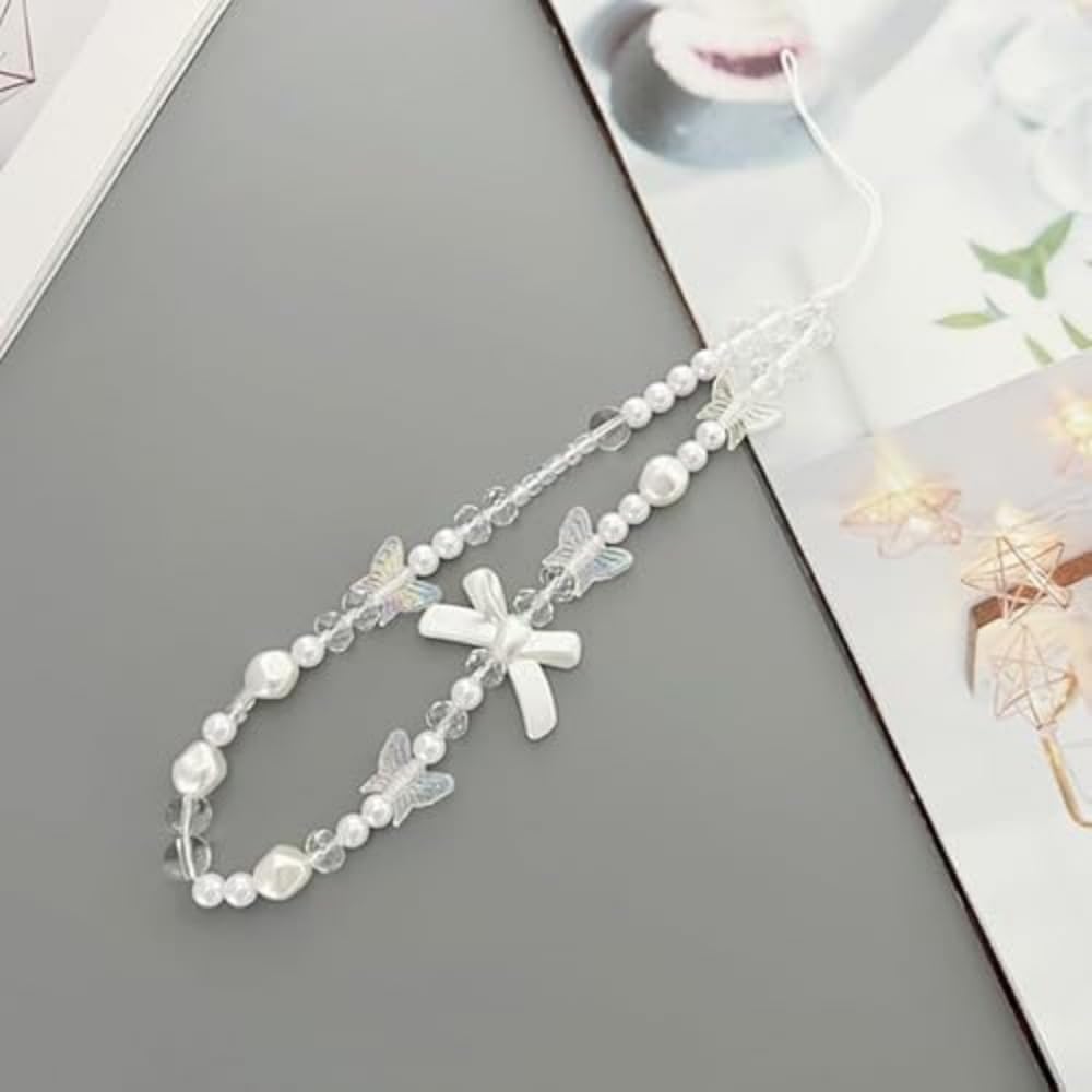 White Pearl Phone Lanyard, Universal Mobile Chain with Bow, Beaded Wrist Strap, Anti-Lost Charm Keychain - Image 4