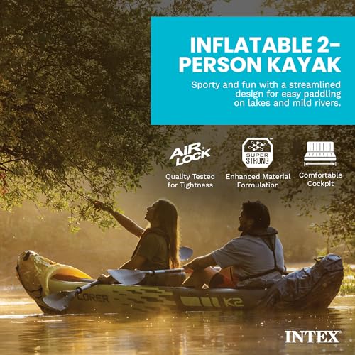 Intex 2-Person Inflatable Kayak Set w/ Pump, Aluminum Oars, Adjustable Seats, Explorer K2 - Tandem Blow-up Raft for Adults, Great for Lakes or Rivers