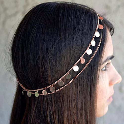 Asooll Rose Gold Head Chains Layered Festival Headpiece Sequin Wedding Head Chain Jewelry for Women and Girls