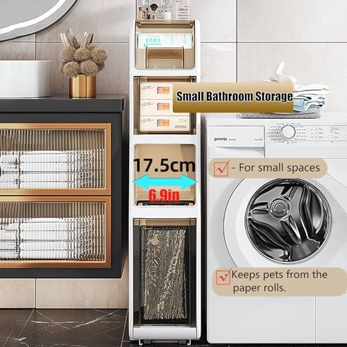 Slim Bathroom Storage Cabinet, 7" Narrow Corner Unit with Wheels & Trash Bin, Ideal for Small Kitchens, Laundry Rooms & Toilets, Space-Saving Design (H 64" x W 17.5")