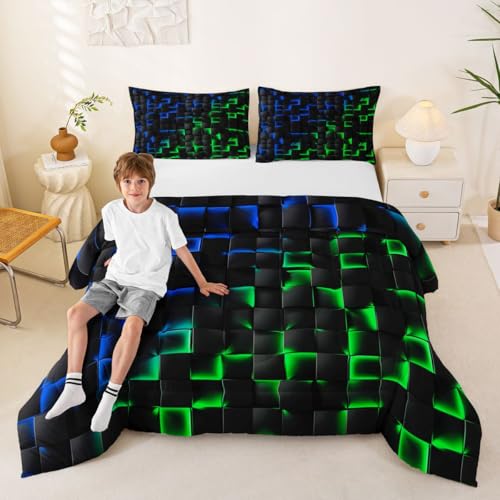 Image of Erosebridal Geometric Checkered Comforter Set Twin Neon Blue Green Bedding Set for Kids Boys Teen Gamer Room Decor,Abstract Ombre Plaid Comforter Grids Quilt Duvet Black