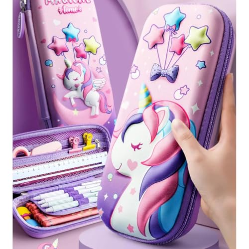 Image of Storio 3D Unicorn Cover Large Capacity Pencil Case Compass with Compartments, School Supply Organizer for Students, Stationery Box, Cosmetic Zip Pouch Bag, Multicolor