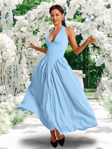 Image of ChiaoLezhee Deep V Neck Dress, Halter Maxi Dresses, Vacation Date Night, Sexy for Women Corset Flowy Wedding Guest Drop Waist