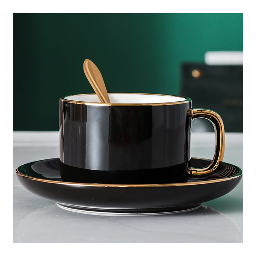 Taza de Porcelana Fina, Taza de Porcelana y Conjunto de Platos, Taza de café, Negro, 8,5 onzas para Bebidas de café, café con Leche, café, Moca y té, Taza de té de Mano Dorada con platillo
