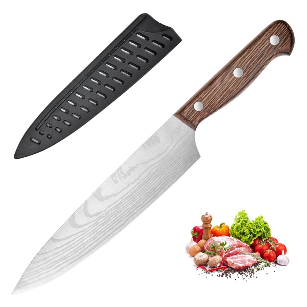 Chef Knife Starter 8 inch Full Tang Super Sharp Chef's Knife Home Cook Kitchen Knife Premium Carbon Stainless Steel Universal knife with Ergonomic Wooden Handle in Gift Box