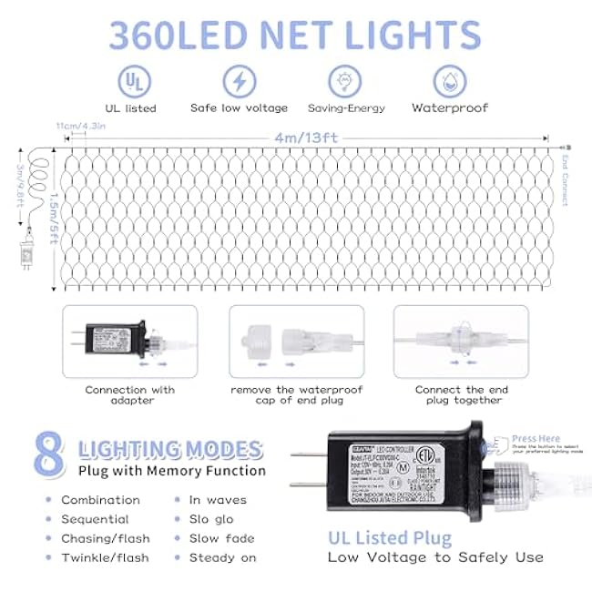HEYFUNi Net Mesh Waterproof String Lights,360LED 13ft x 5ft Christmas Net Lights, 8 Modes,Connectable for Indoor Outdoor, Curtain,Garden,Christmas Tree, Bush, Party, Holiday, Wall Decor (White)
