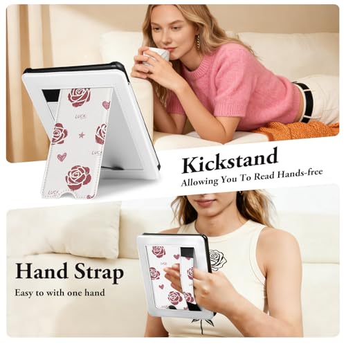 Image of CoBak Lightweight Stand Cute Case for 7 inch Kindle Paperwhite 12th Gen 2024 and Kindle Colorsoft with Right Hand Strap - Compatible with iPhone MagSafe, for Samsung /Anker Wireless Charging Pads