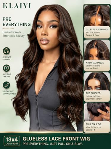 Image of KLAIYI Pre everything 13x4 Lace Frontal Yaki Straight Ombre Chestnut Brown Highlight Loose Body Wave Human Hair Wig Drawstring Bang Glueless Ready to Wear and Go Wig Pre Plucked Bleached Knots 26Inch