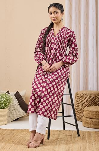 Image of Janasya Women's Pure Cotton Floral Printed A-line Kurta