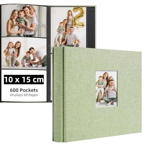 Remowith Album Fotos 10x15 cm, Álbum de Fotos de Gran Capacidad para 600 Bolsillos, Photo Album Horizontal y Vertical, con Funda de Tela, Ideal para Familia, Bodas, Viaje y Recuerdos de Bebé, Verde