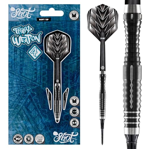 Shot! Darts Tribal Weapon 4 Soft Tip Dart Set (18g/20g) | 90% Tungsten Barrels | Center Balanced with Precision Grips | Handcrafted Pro Darts with Flights | Plastic Tips| Made in New Zealand