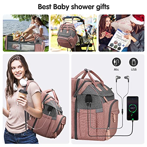 Derjunstar Baby Diaper Bag Backpack, Diaper Changing Station, Baby Bags For Boys Girls,Waterproof Changing Pad,Usb Charging Port,Pacifier Case, Sunshade And Toy Bar, Pale Pink #TOP3