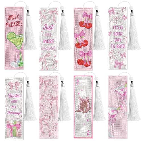 8 Pcs Bow Diamond Art Bookmarks Kit with Tassels Cute Pink Diamond Painting Bookmarks for Women Book Lovers DIY Bookmark Making Kit for Adults Beginners Aesthetic Crafts