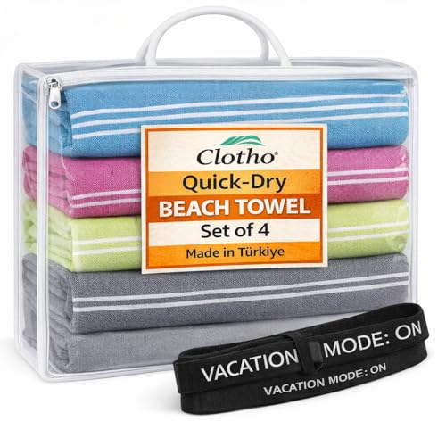 Clotho Turkish Beach Towel Set of 4 – 100% Turkish Cotton, Oversized & Quick Dry – Sand Free Lightweight Travel & Pool Towels with Chair Bands – Giftable Clear Carry Case – Made in Türkiye