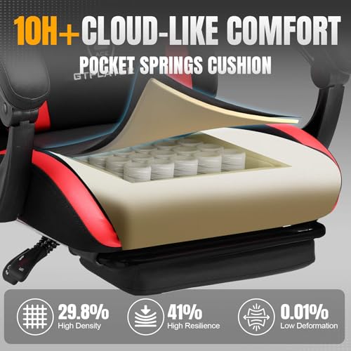 Image of GTPLAYER Gaming Chair with Foot Rest & Pocket Spring Cushion, Ergonomic High Back Computer Chair with Headrest & 360-Swivel Seat for Home Office Desk, PU Leather, Red