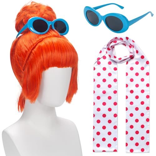 GHGMAO Orange Wigs for Women Short Flat Bang Updo Wig for Lucy Costume Orange Bun Cosplay Wigs for Halloween Costume (1 Pink Polka Dot Satin Scarf+ 1 Retro Blue Sunglasses+ 1 Hair Cap)