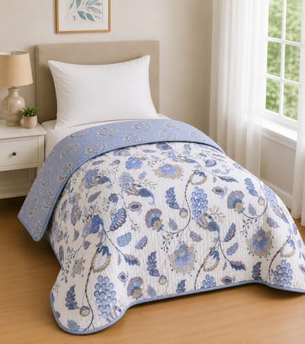 Image of RRC Floral Print Cotton Jaipuri Comforter for Single Bed | White & Green Lightweight AC Rajai | Soft Breathable 200 GSM Quilt | Summer Comforter Pack of 1