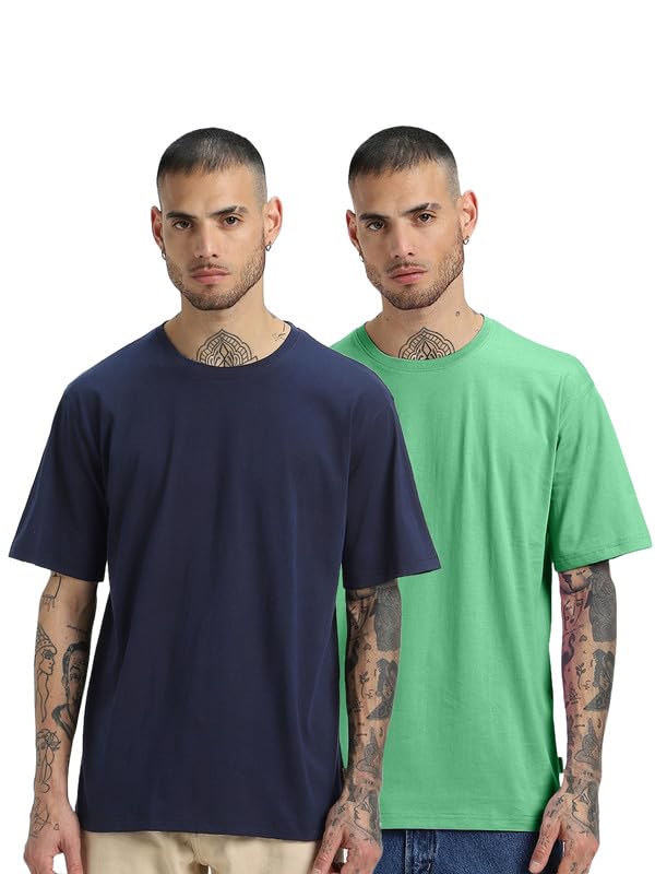 Image of Veirdo Solid Oversized 100% Pure Cotton Combo T-Shirt for Men & Boys (Half Sleeves, Round Neck, Drop Shoulder, Baggy Fit, Pack of 2, Available in S to 2XL
