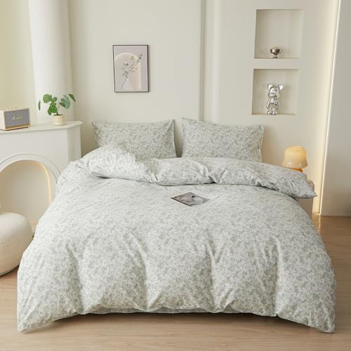 Image of VM VOUGEMARKET Twin Duvet Cover Set with Green Flower Pattern,Pure Cotton Bedding Set Vintage Floral Prints Comforter Cover Conquette Cottagecore Bedding for Teen Girls