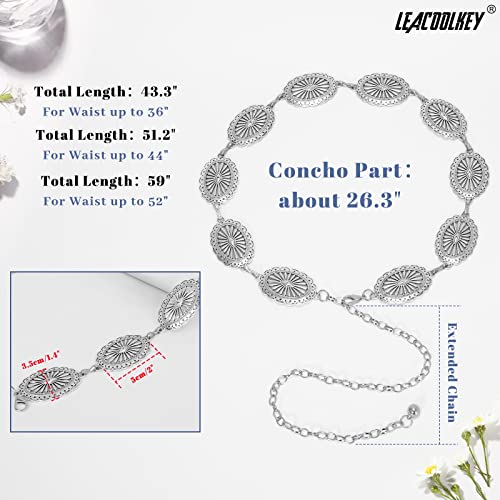 Image of LEACOOLKEY Women Turquoise Concho Chain Waist Belt Silver Western Cowgirl Metal Chain Belt for Dress Adjustable