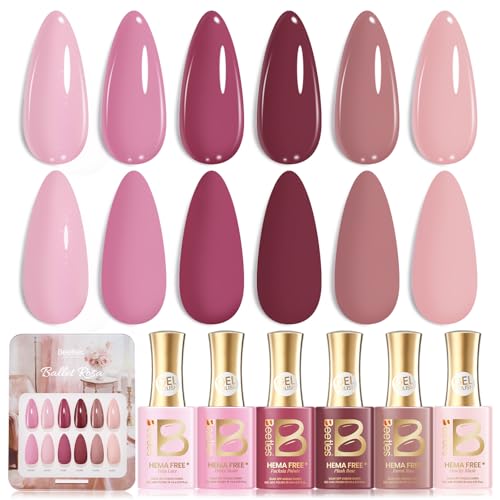 Image of Beetles Pink Gel Polish Set - Ballet Rosa Hema-Free Collection, 6 Colors Nude Pink Colors Gel Kit with Pre-Swatched Color Card, Soak Off UV LED Polish for DIY Nail Art Home Salon Gifts