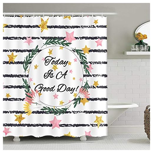Badrumsgardin, Idag är en bra dag dusch gardin, gröna växter med randig bakgrund vattentät polyester med krokar (Färg : Green, Size : 72" x 72)