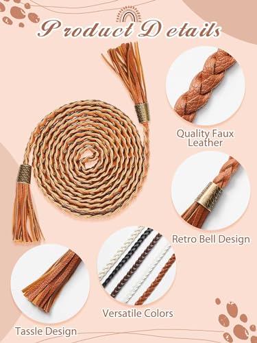 SATINIOR 5 Pcs Women's Rope Waist Belt 78.4'' Skinny Woven PU Leather Braided Dress Belts with Tassel for Skirt Dress3