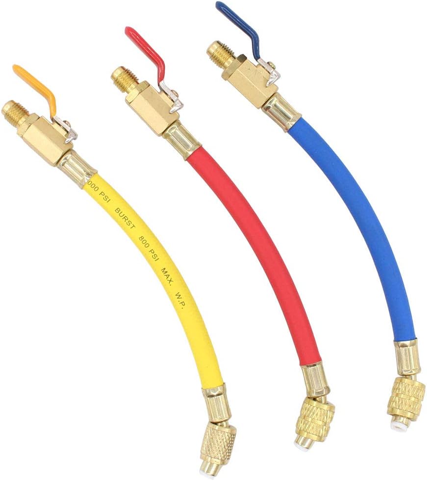 ApplianPar Set of 3 R134A R410A R12 R22 Ball Valve with Charging Hoses Set 1/4 Inch SAE Thread Connector for Air Condition Refrigeration Charging Tools AC HVAC Maintenance Kit 7 Inch Length : Automotive