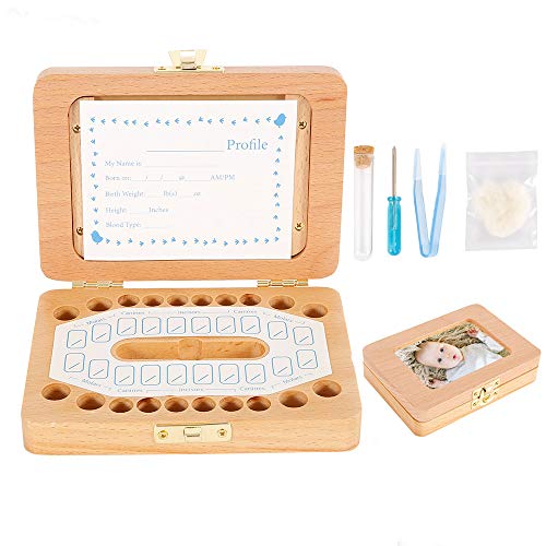 Keyohome Wooden Tooth Fairy Box with Photo Frame, Save Organizer for Baby Teeth Keepsake Storage with Tweezers & Screwdriver